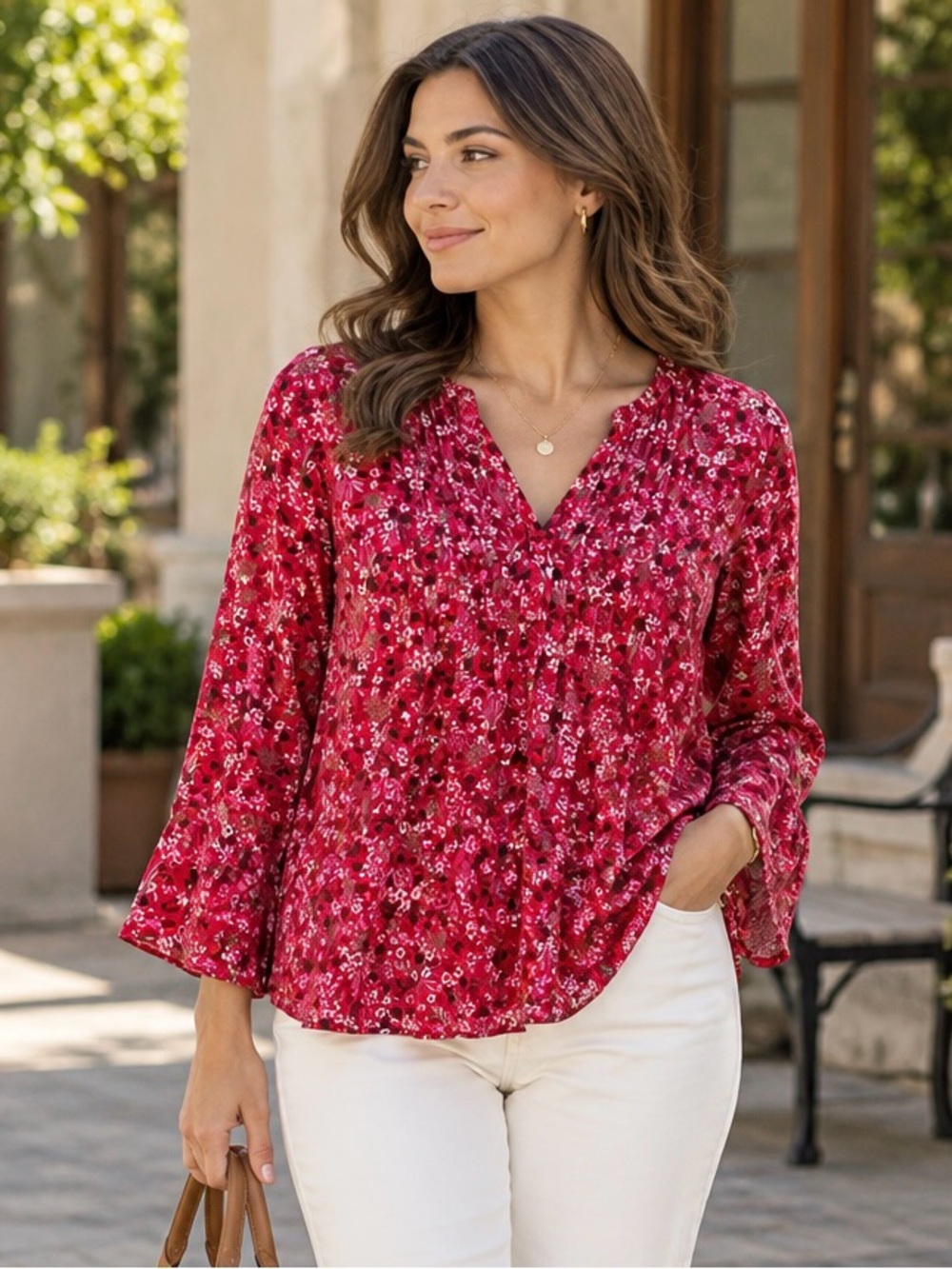 Style & Co. Red Floral V-Neck Peasant Blouse